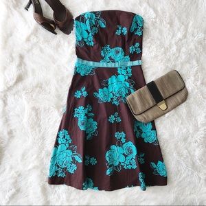 Ruby Rox aqau and brown floral tropical print strapless dress